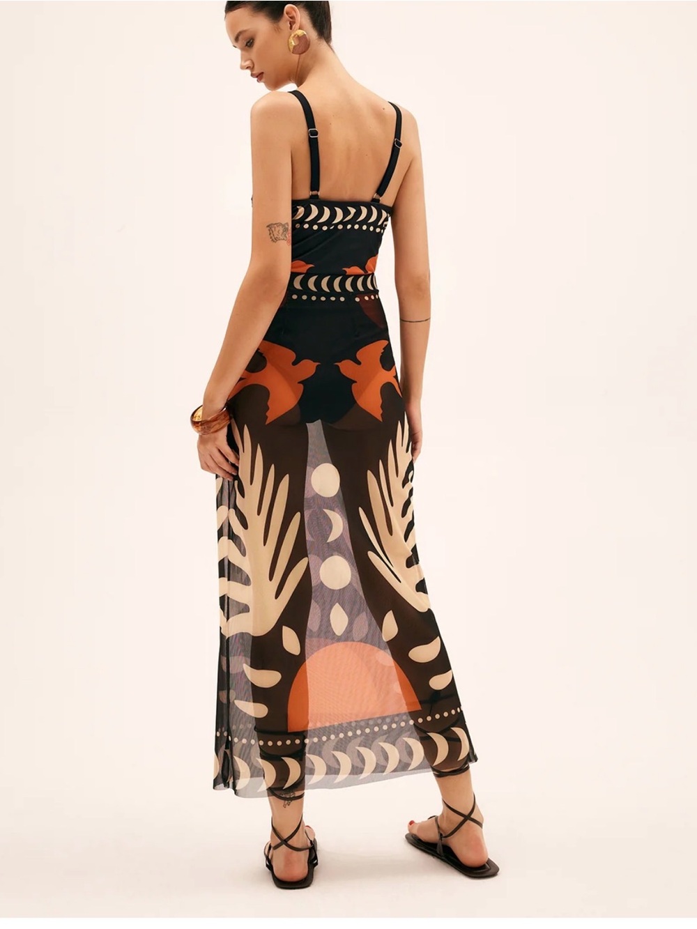 Commense Black Maxi transparent skirt Cream Graphic Bird Print Mesh Cover L - Picture 2 of 8